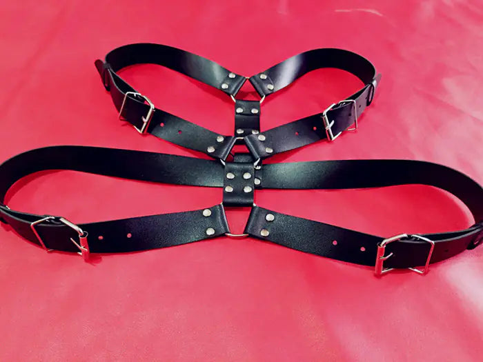 PU Leather Wide Waist Belt with Strap and Chest Harness - Yes, Ruby