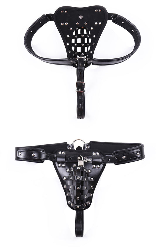 Leather Men's Chastity Belt with Cock Cage - Yes, Ruby